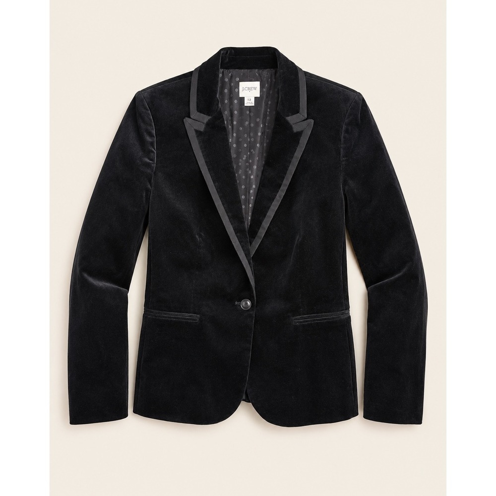 J.Crew Velvet Blazer Womens 12 Black New BU281 Grosgrain Trim Polka Dot Lining
